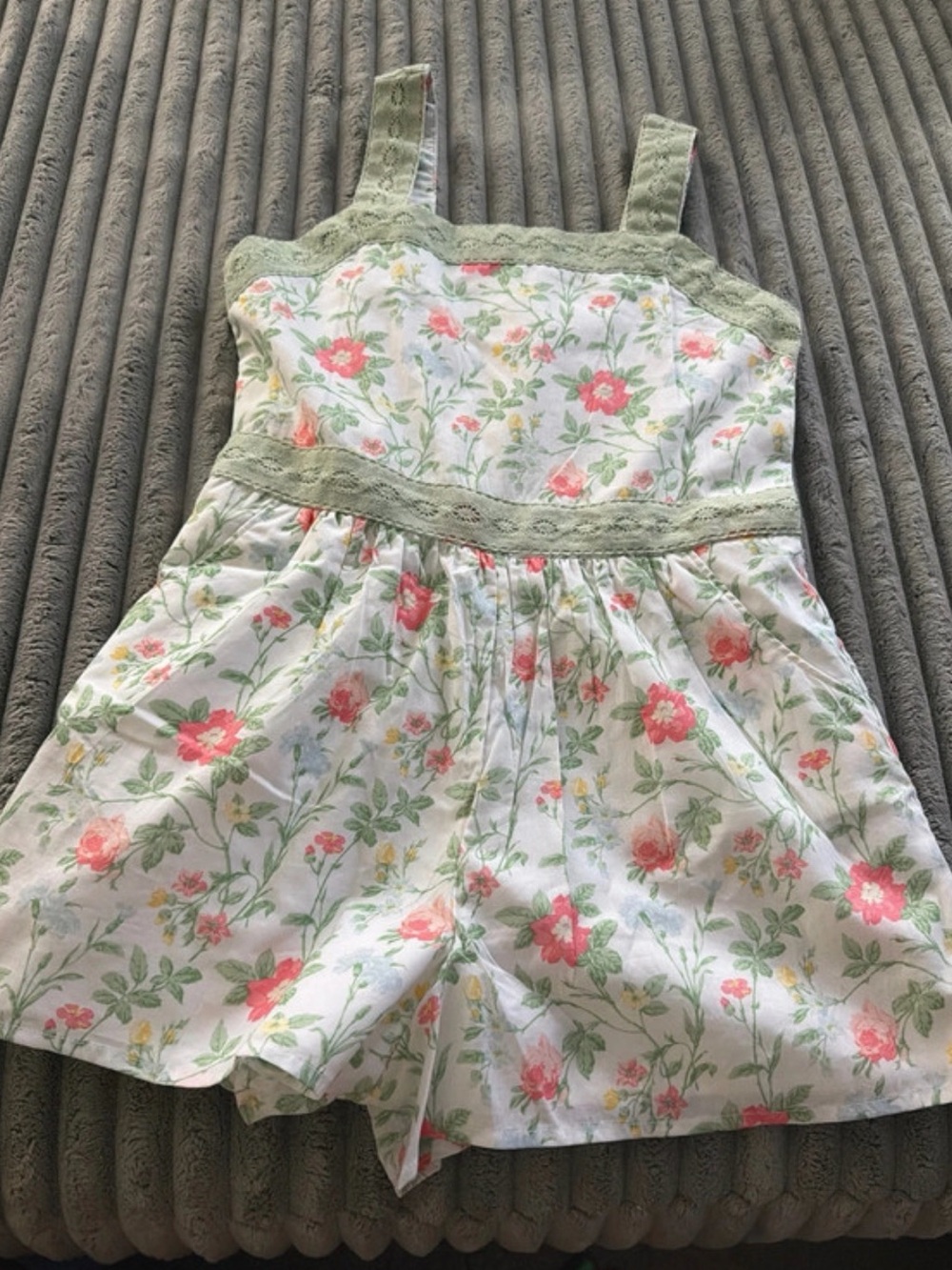 Janie and Jack White Floral Romper with Green Trim
